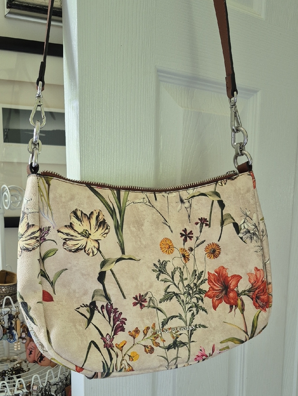 Dana Buchman Beige Floral Leather Shoulder Bag with Multicolor Blooms